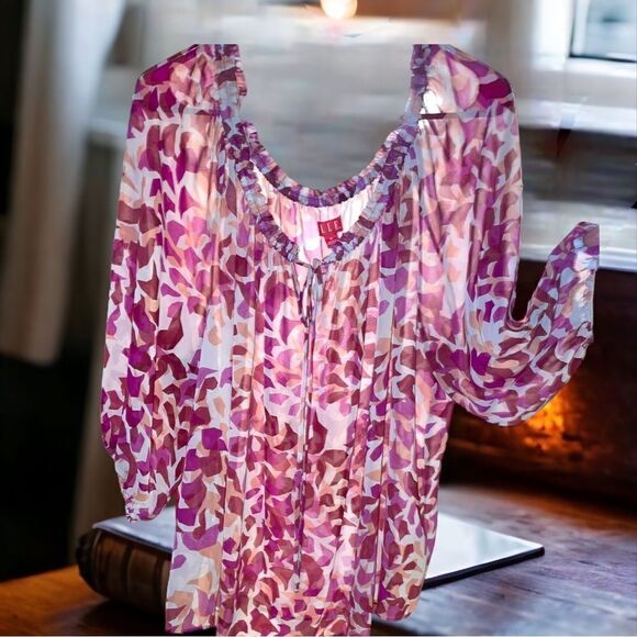 Elle l Pink Cream White l Sheer l Top, Blouse l 3/4 sleeve l 1X - Picture 4 of 7